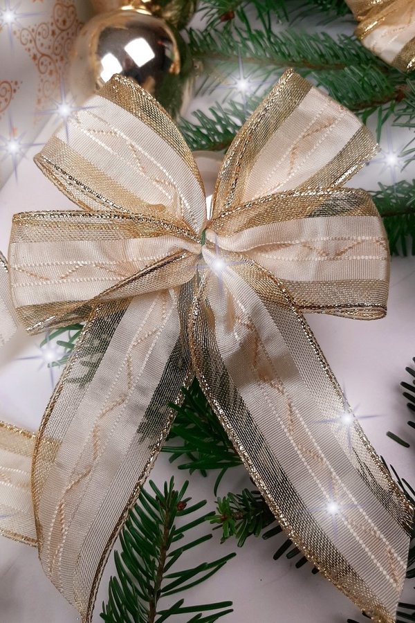 Weihnachtsschleife creme-gold 40 mm mit Drahtkante 20 Stck.