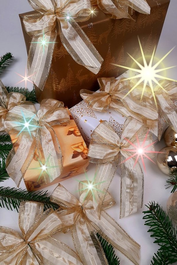 Weihnachtsschleife creme-gold 40 mm mit Drahtkante 20 Stck.